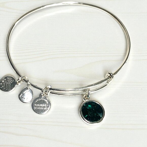 Alex & Ani May Birthstone Charm Bangle Green Emerald Silver Finish Expandable - Picture 2 of 4